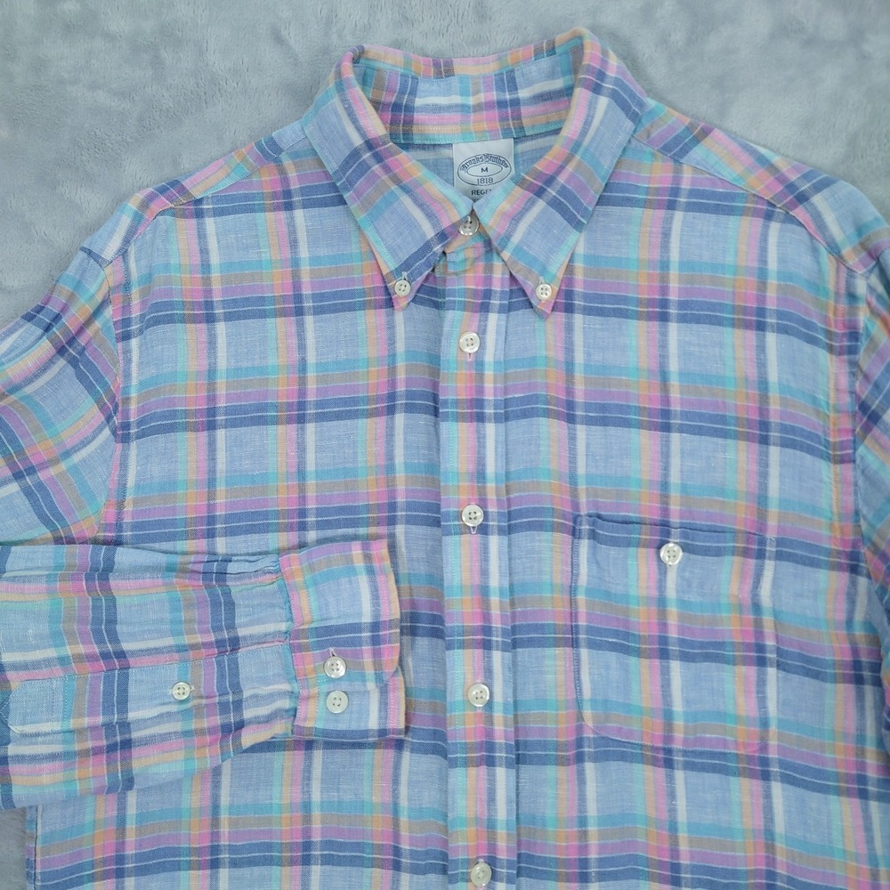 Brooks Brothers 1818 Linen Shirt Mens M Plaid Regent Button Down 100080334
